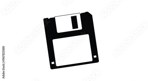 A black and white illustration of a vintage 3 5 inch floppy disk