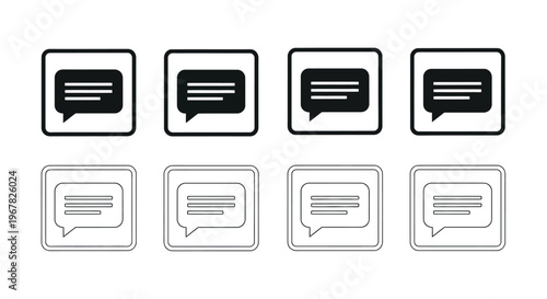 Four sets of black and white speech bubble icons in square frames