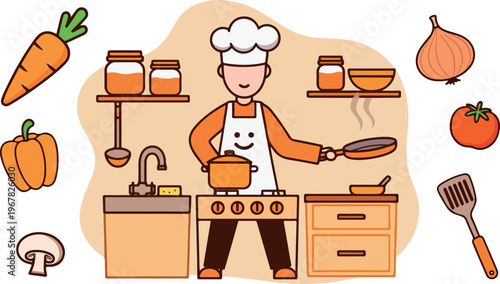 Happy Chef Cooking Healthy Food in a Kitchen with Fresh Vegetables and Tools