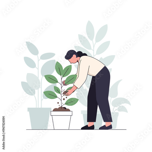 Woman tending to a potted plant indoors.
