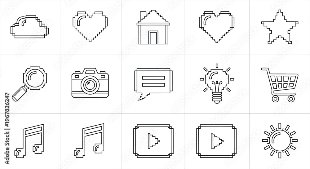 Fototapeta premium Minimalist pixel art icons depicting common digital and everyday objects