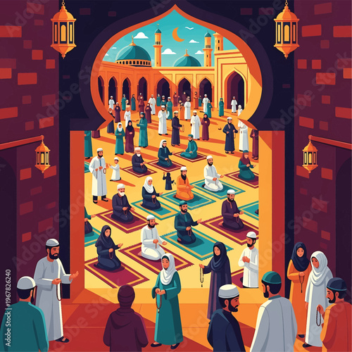 Muslims praying in a mosque.