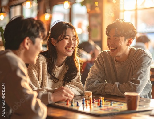 Joyful friends playing board game in a cozy cafe.