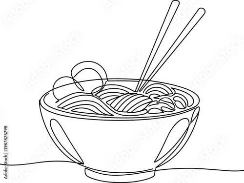 A bowl of noodles with chopsticks.