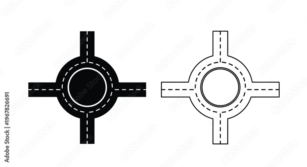 Obraz premium Two depictions of a roundabout intersection one solid and one outlined