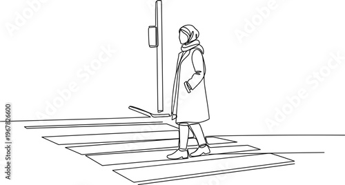 Woman crossing street alone safely.