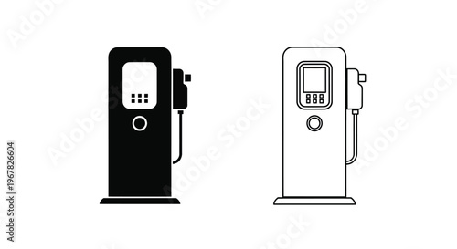 Two black and white line art depictions of a modern gas pump station