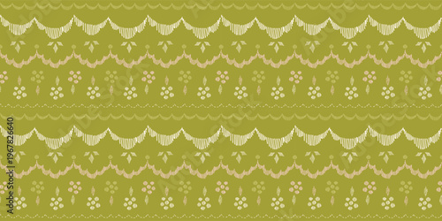 Seamless pattern with freehand ink doodle scallop stripes. Trendy horizontal stripes floral embroidery stitch background.Hand drawn vector illustration. Boho, cottage core, needlework retro wallpaper.