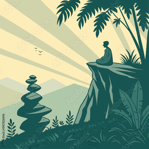 Person meditating on tropical cliffside at sunrise with stacked stones and birds flying