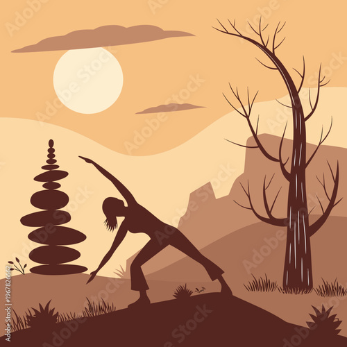 Silhouette of person doing yoga in desert with sunrise and stacked rocks