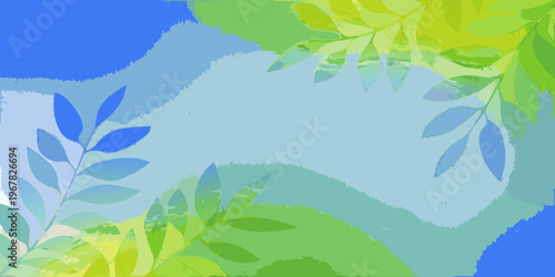 Abstract watercolor painting featuring blue and green foliage shapes