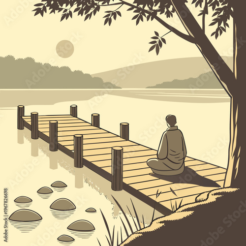 Person sitting on wooden pier over calm lake at sunrise with ripples in water