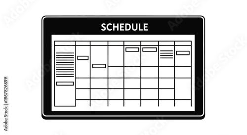 Black and white illustration of a train or bus schedule display board
