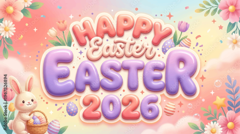 Naklejka premium Joyful Easter Celebration 2026 Greeting Adorable Bunny Decorated Eggs and Blooming Flowers Evoke Spring's Delightful Arrival for Festive Family Gatherings and Seasonal Promotions.