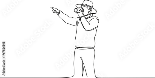 Man wearing binoculars pointing left.