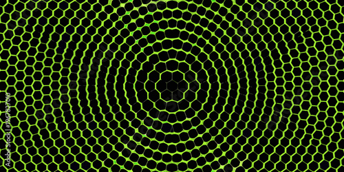 Abstract geometric pattern of concentric hexagons in neon green and black