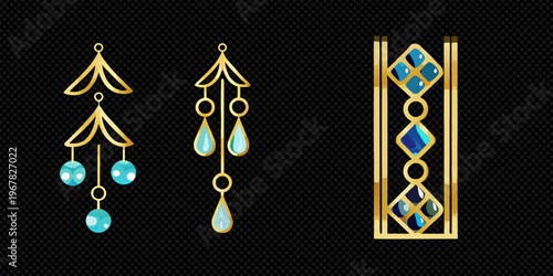 Elegant gold jewelry designs featuring teal gemstones on a dark background