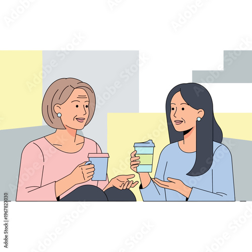 Two women having a conversation while holding drinks.