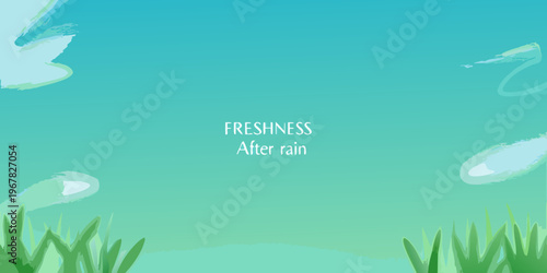 Abstract turquoise background with text and stylized grass elements