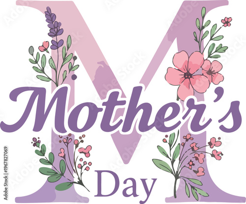 Beautiful floral mother s day greeting with large purple letter m and pink flowers