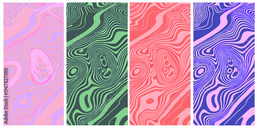 Four vertically oriented panels displaying vibrant swirling psychedelic patterns