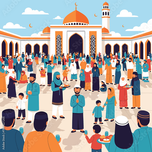 People gathered at a mosque courtyard.