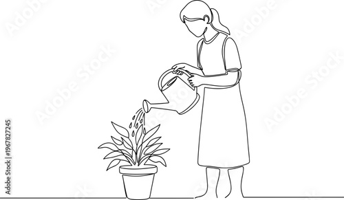 Woman Watering Potted Green Plant.