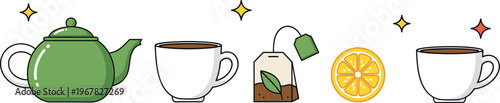 A colorful illustration depicts the stages of tea preparation showcasing a teapot brewing and serving process high quality professional detailed modern elegant stylish
