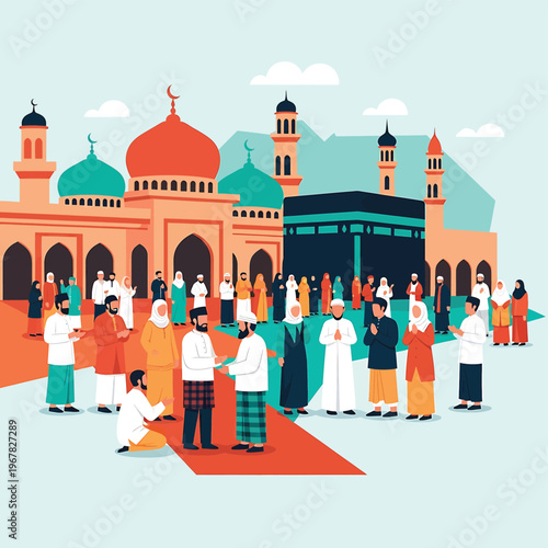 People in traditional clothing gathered outside.