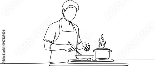 Man in apron cooking on stove.