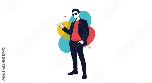 Stylish man wearing sunglasses and a blazer standing confidently against a colorful abstract geometric background with circles.
