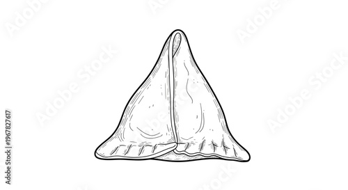 Detailed line drawing of a single fried samosa pastry showing its triangular shape and textured crust against a white background.