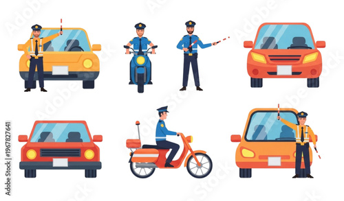 Vector illustration set of male traffic police officers directing vehicles for road safety and transportation education