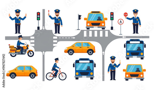 Cartoon traffic police officers vector collection managing vehicles for public guidance and road safety education