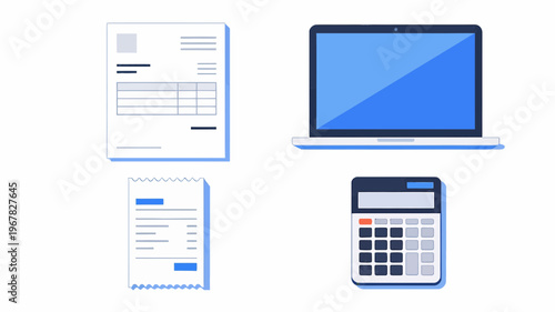 Accounting and finance icons laptop, calculator, invoice, and receipt for business and financial management