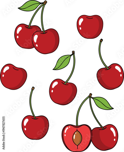 Cherry fruit elements flat vector set with cut slice. Red cherries in different styles and one half fruit. Sweet berry illustrations for food design and organic themes.