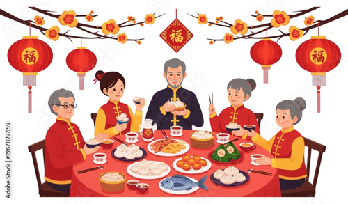 Colorful Chinese New Year family dinner illustration with festive dishes and round table for celebration and unity