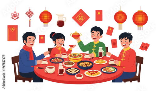 Festive Chinese New Year family dinner illustration with round table, traditional dishes, and joyful celebration