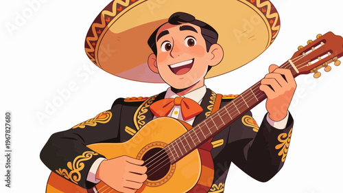 Mexican mariachi musician playing a guitar and singing in a traditional charro suit