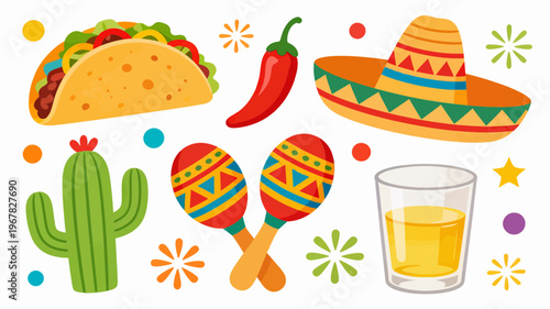 Mexican Fiesta Celebration Taco, Sombrero, Cactus, Maracas, and Chili Pepper Illustration