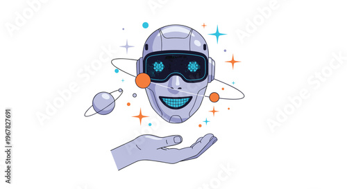 Futuristic robot head wearing virtual reality goggles floating above a hand with planets and stars orbiting in the galaxy space.