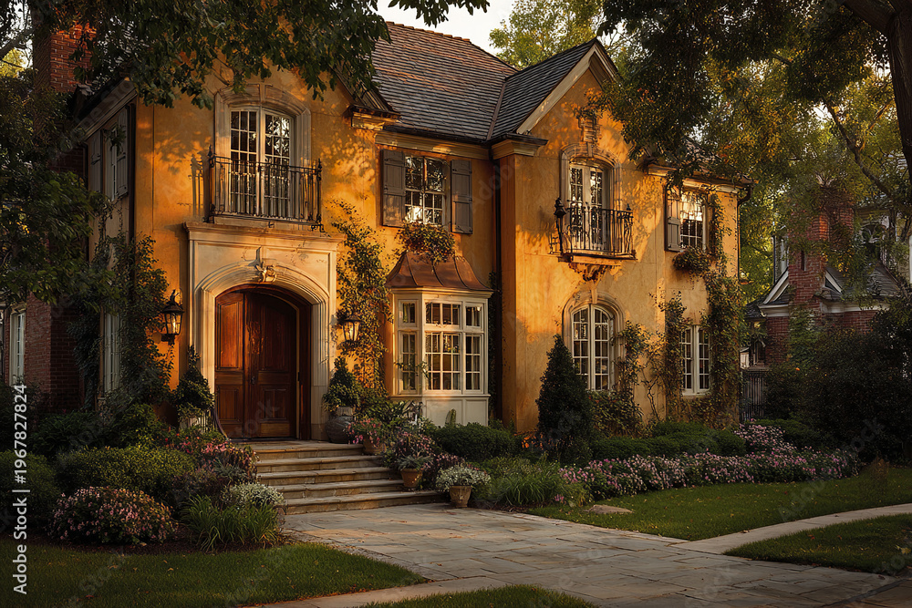Fototapeta premium Elegant suburban residence with warm evening light casting soft shadows on yellow stucco walls, surrounded by lush greenery and blooming flowers, creating peaceful atmosphere