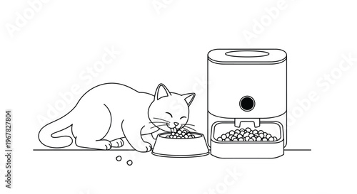 Cute cat eating food from its bowl next to an automatic pet feeder in a simple line art illustration against a white background.