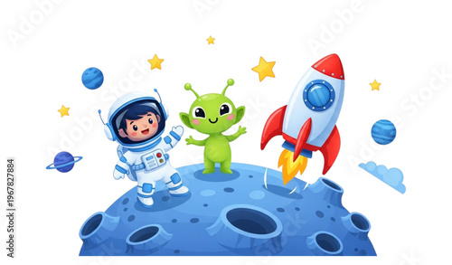 Playful space illustration with cute astronaut friendly alien and rocket on moon for kids cosmic exploration