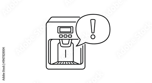 Simple line drawing of a modern water dispenser or coffee machine with a speech bubble containing an alert exclamation mark.