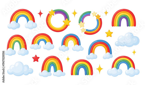 Colorful rainbow icon set with arches clouds stars and playful decorative elements for kids stickers and nursery design