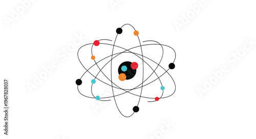 Colorful atomic model showing various orbiting particles around a central nucleus representing basic chemistry and physics facts.