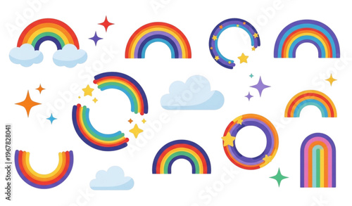 Playful rainbow shapes collection with colorful arches clouds stars and decorative icons for kids design and stickers