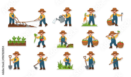 Cute farmer man sticker set with farming activities harvesting and agriculture tools for kids and rural lifestyle design