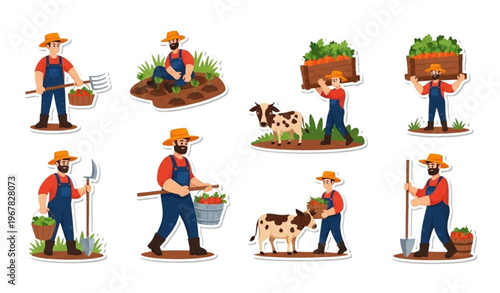 Hardworking farmer cartoon sticker collection with agriculture activities tools and rural lifestyle elements for creative design